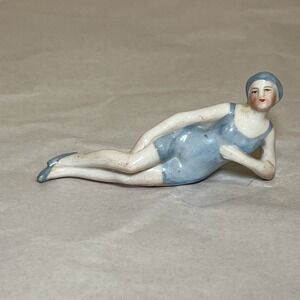 Antique German Art Deco Bisque Bathing Beauty Blue Suit Cap Laying Germany 6875